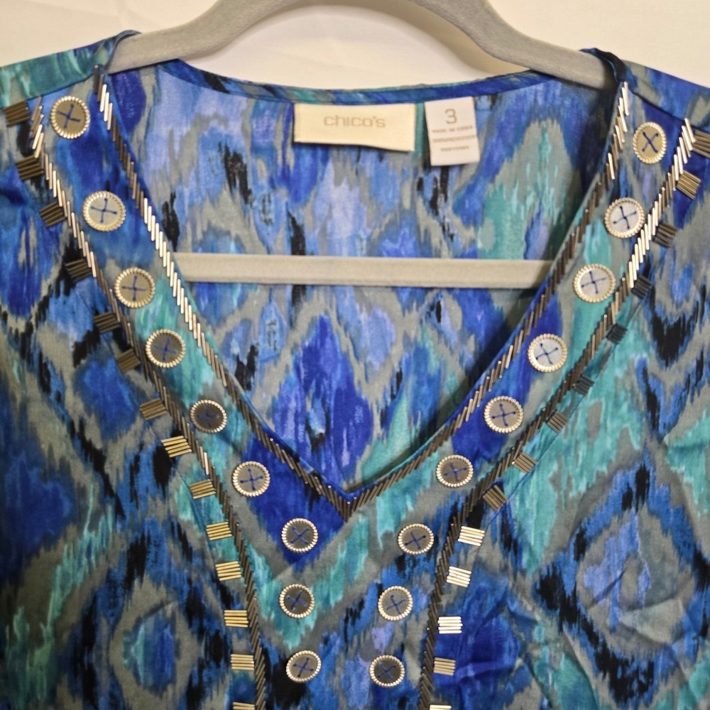 Chico's Ikat Printed Sequin Embellished Tunic Top Boho Hippie Blue Size 3‎ XL - Picture 2 of 11